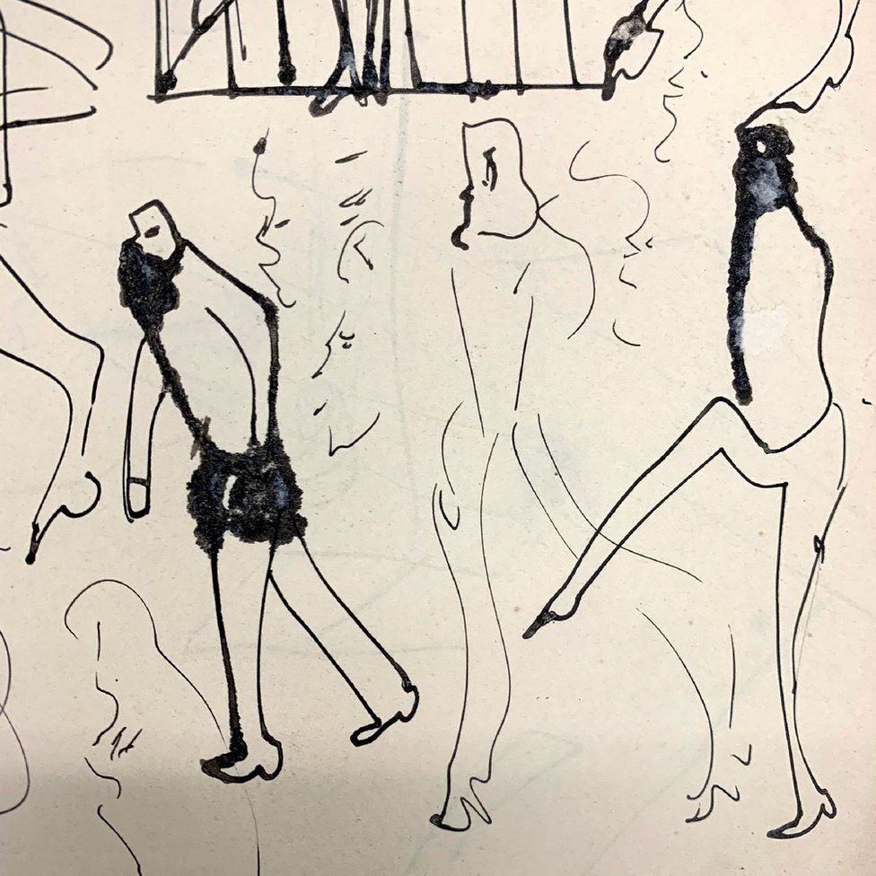 A sketch by Franz Kafka showing figures walking