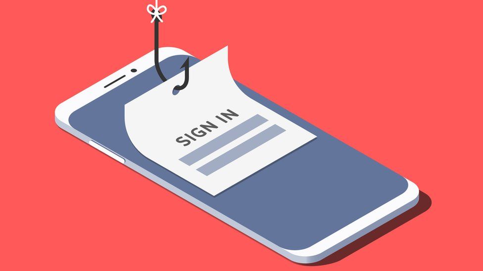 A fake "sign in" piece of paper attached to a fish hook is placed over the top of a smartphone screen in this photo illustration