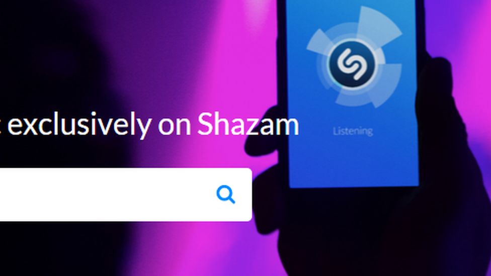 A screenshot showing the Shazam logo ad search bar