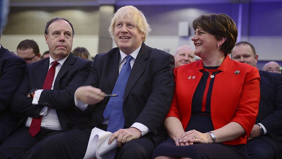 Nigel Dodds, Boris Johnson and Arlene Foster at the 2018 DUP party conference