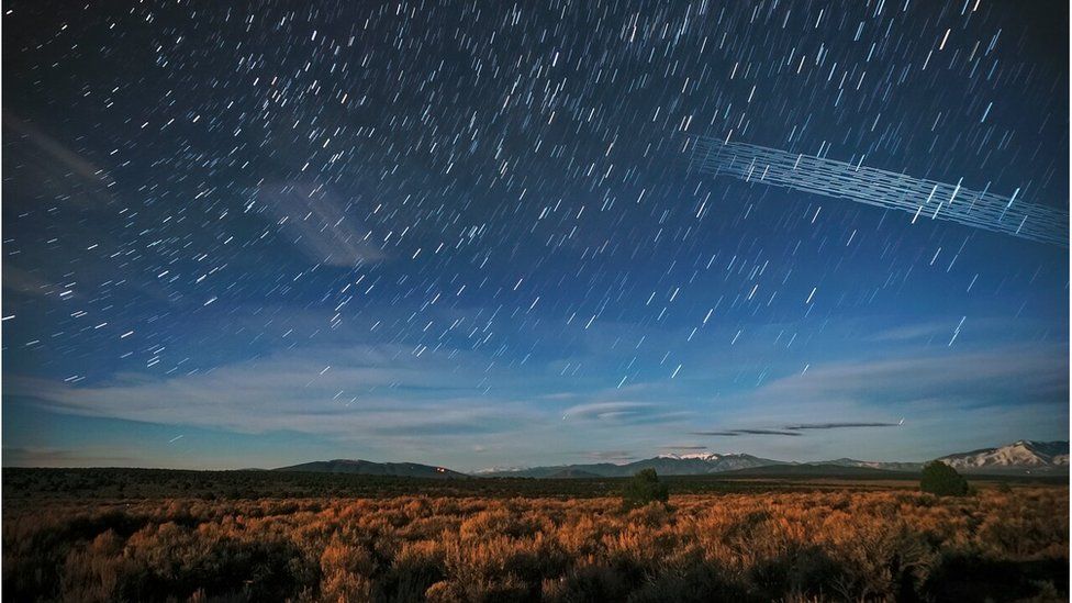 Starlink satellites over Carson National Forest, New Mexico, photographed soon after launch