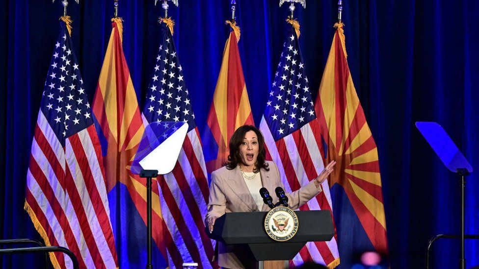 US Vice President Kamala Harris speaks on reproductive freedom at El Rio Neighborhood Center in Tucson, Arizona, on April 12, 2024