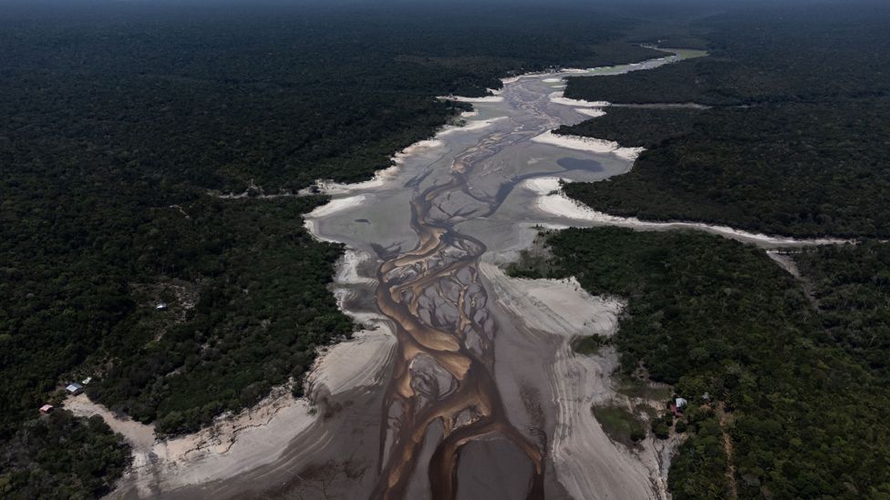 A drone image of the river in the community of Tumbira, in the Río Negro Sustainable Development Reserve in Iranduba, Brazil, 07 October 2023