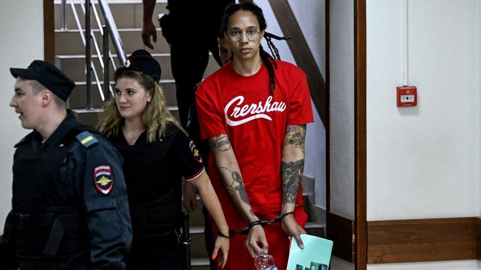 US WNBA basketball superstar Brittney Griner arrives to a hearing at the Khimki Court, outside Moscow on July 7, 2022
