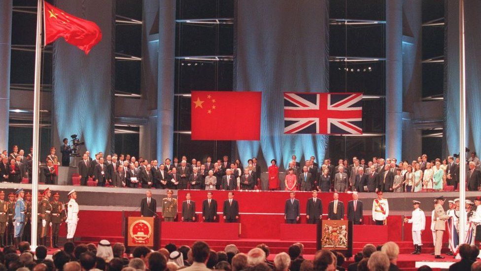 A screenshot of the 1997 handover ceremony where Britain handed Hong Kong back to China