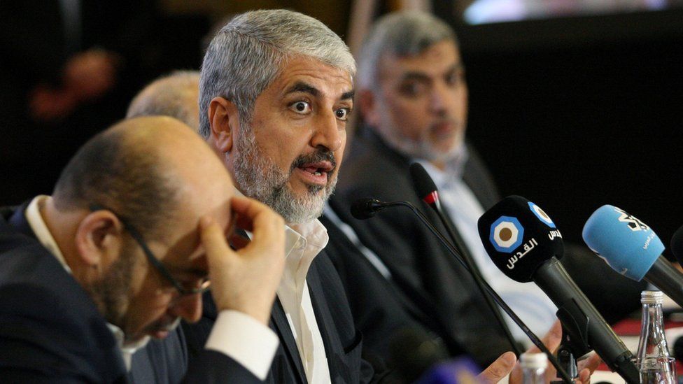 Hamas leader Khaled Meshaal gestures as he announces a new policy document in Doha, Qatar, May 1, 2017.
