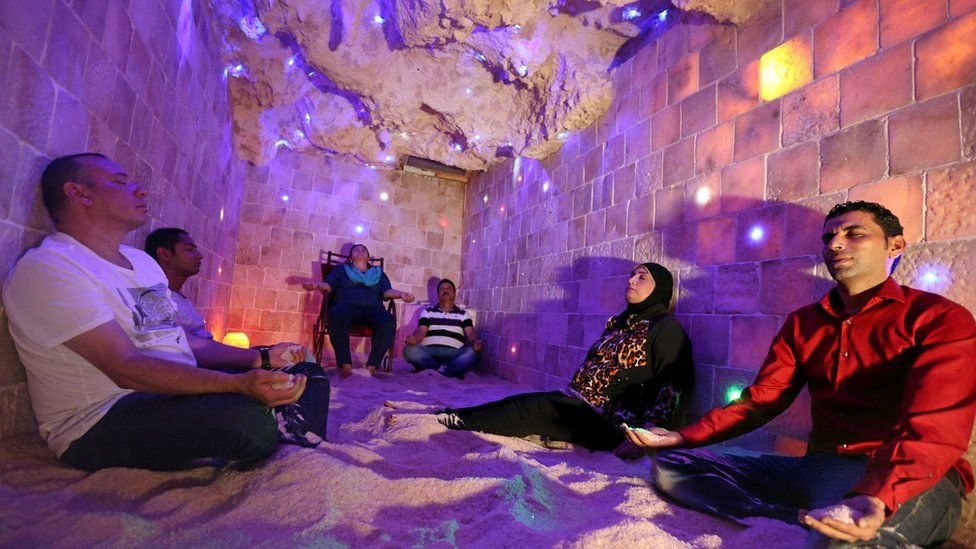 Purple light in a room made with salt bricks, as group meditates in Cairo, Egypt - Thursday 24 November 2016