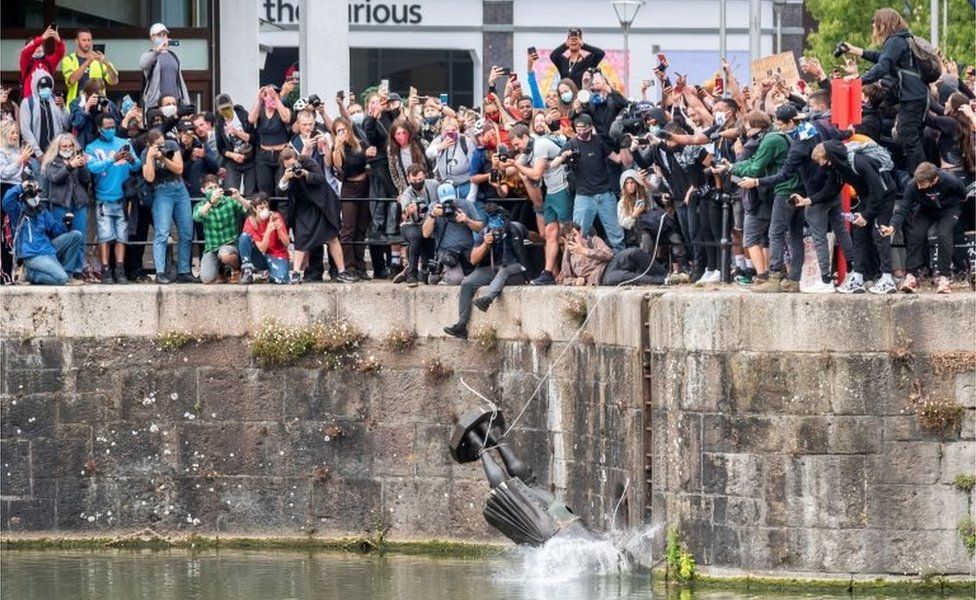 The statue of Edward Colston being pulled into Bristol's docks