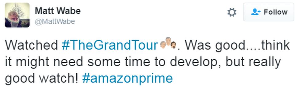 Tweet reads: Watched The Grand Tour. Was good, think it might need some time to develop, but really good watch!