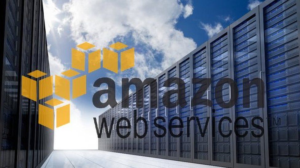 Amazon Web Services logo over image of servers