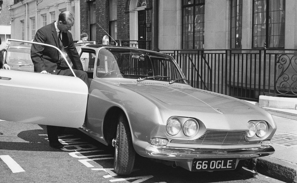 Duke of Edinburgh with his new Reliant Scimitar, during a visit to see Princess Anne at King Edward VII's Hospital in London (April 1966)