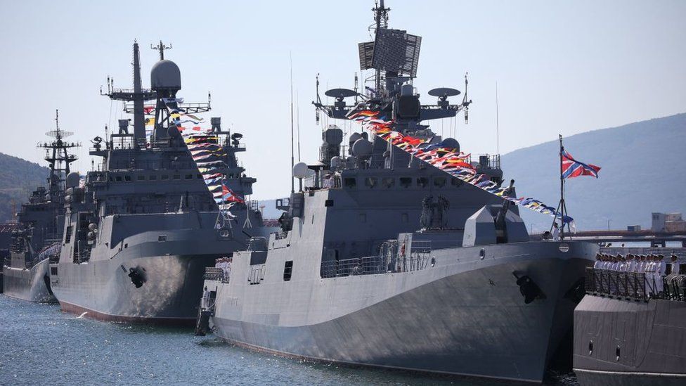 Russia's Black Sea Fleet warships take part in the Navy Day celebrations in the port city of Novorossiysk on July 30, 2023.