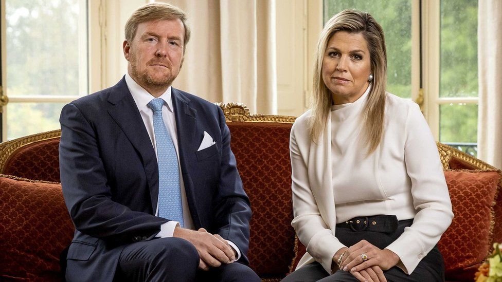 Dutch King Willem-Alexander (L) and Queen Maxima look on during the recording of a personal video message in which the king discusses the cancellation of their holiday to Greece, in The Hague, The Netherlands, 21 October 2020.