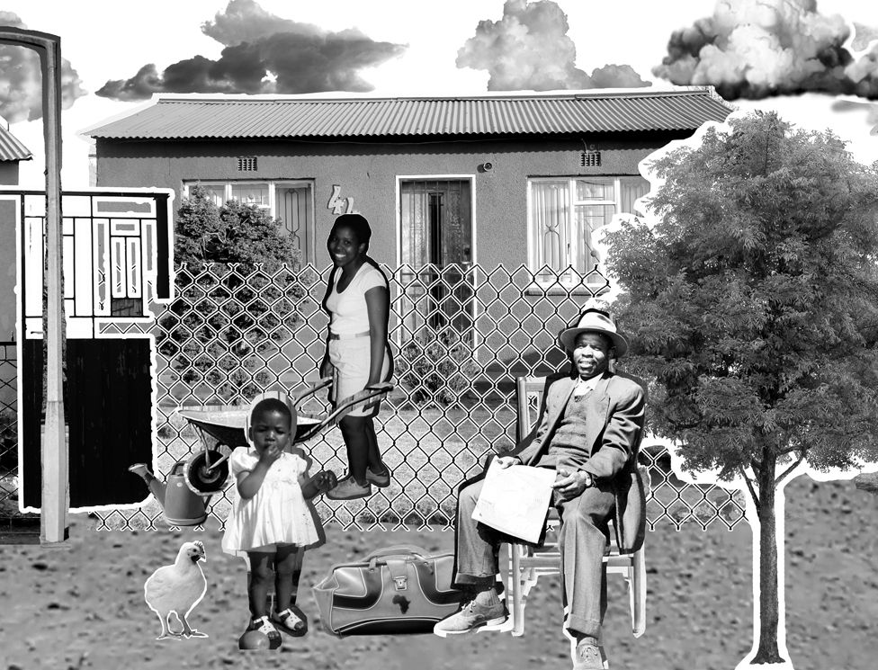 Black and white collage image of a women a man and a small child, a tree, a streetlamp and a door in front of a house