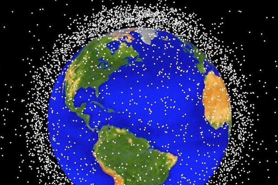 A NASA image showing a graphical representation of space debris in low Earth orbit