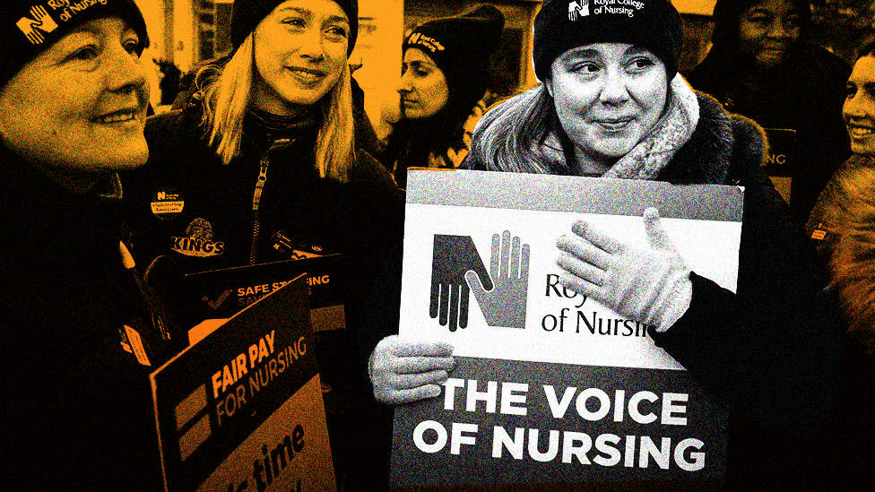 Nurses on strike with a woman highlighted holding a placard