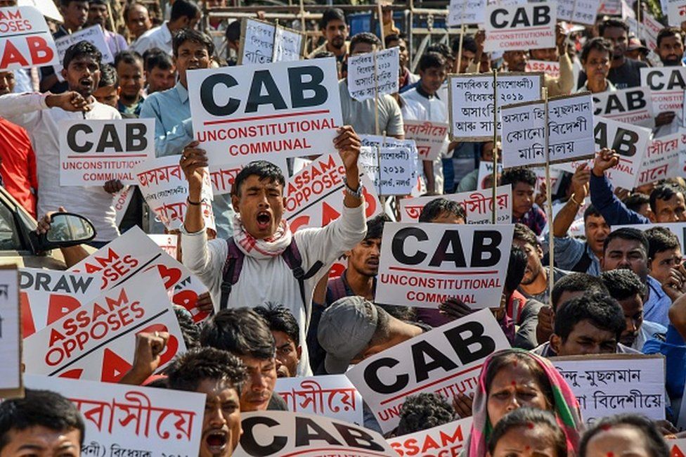 Activists of Krishak Mukti Sangram Samiti shout slogans during a protest against the government's Citizenship Amendment Bill in Guwahati on November 22, 2019