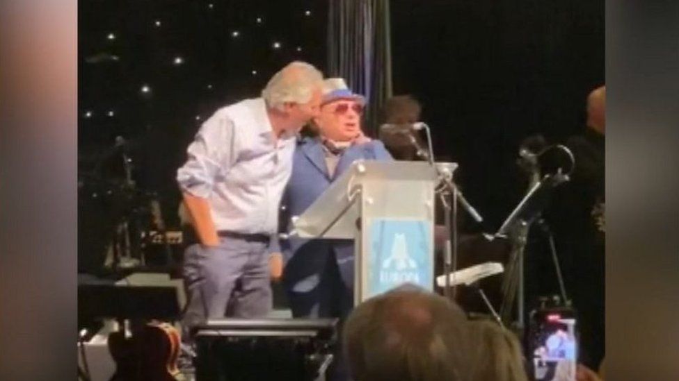 Van Morrison and Ian Paisley on stage at the Europa Hotel in Belfast