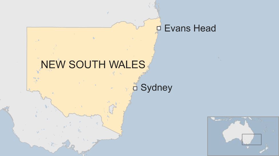 A map showing Evans Head 700km north of Sydney