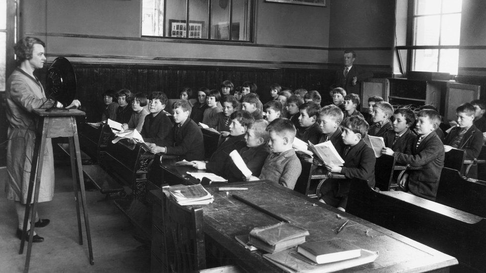 A class listening to a transmission in Edinburgh in the late 1920s