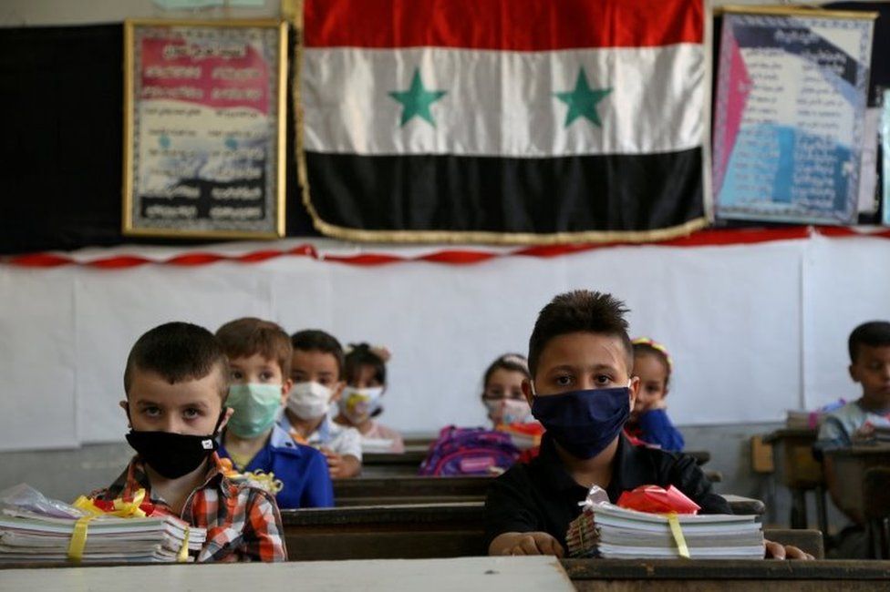 Syrian schoolchildren wear face masks in Damascus (1 September 2020)