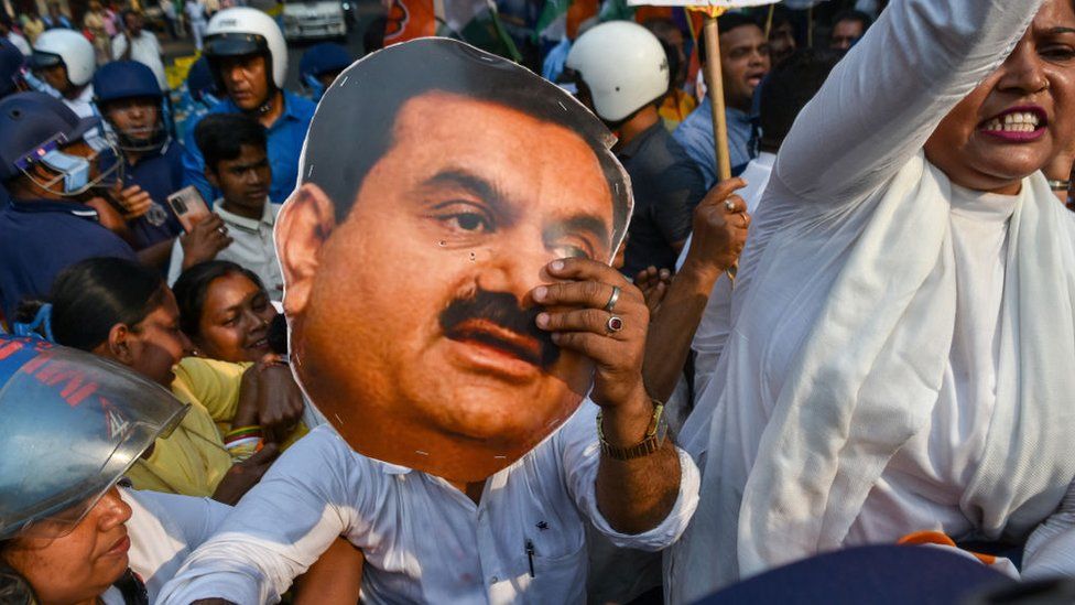 South Kolkata District Congress organized a protest demonstration in front of Governors house in Kolkata ,India , on 13 march 2023 , demanding investigation against Adani enterprises on the Hindenburg claims that have stir controversies against the companies legalities in their accounting and share prices according to reports.