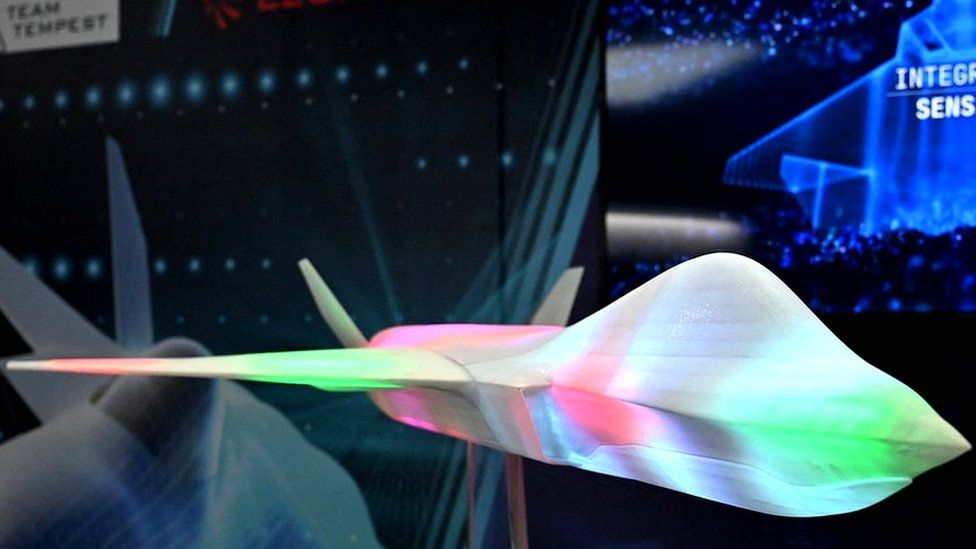 A model of the proposed jet fighter aircraft Tempest, a joint programme by a consortium known as "Team Tempest", during the Farnborough Airshow, in Farnborough, on July 18, 2022.