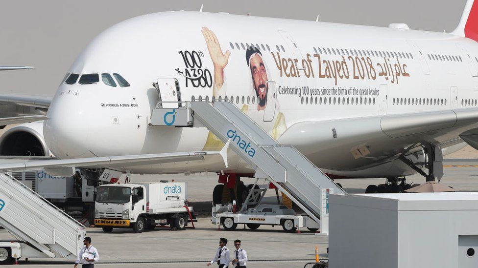 An Airbus A380 of Emirates bearing the portrait of late UAE's founder and late president Sheikh Zayed bin Sultan al-Nahayan during the Dubai Airshow on November 12, 2017