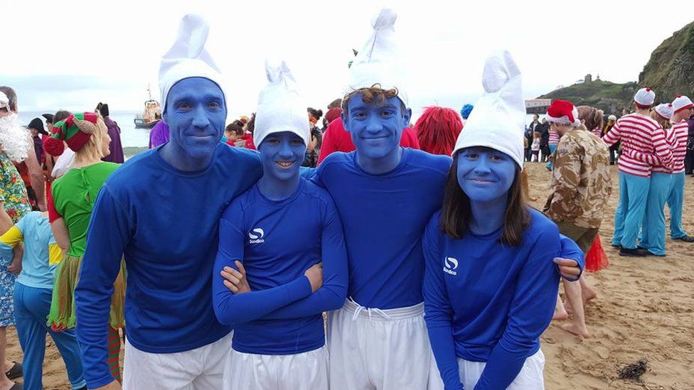 Smurfs at Tenby's Boxing Day Swim