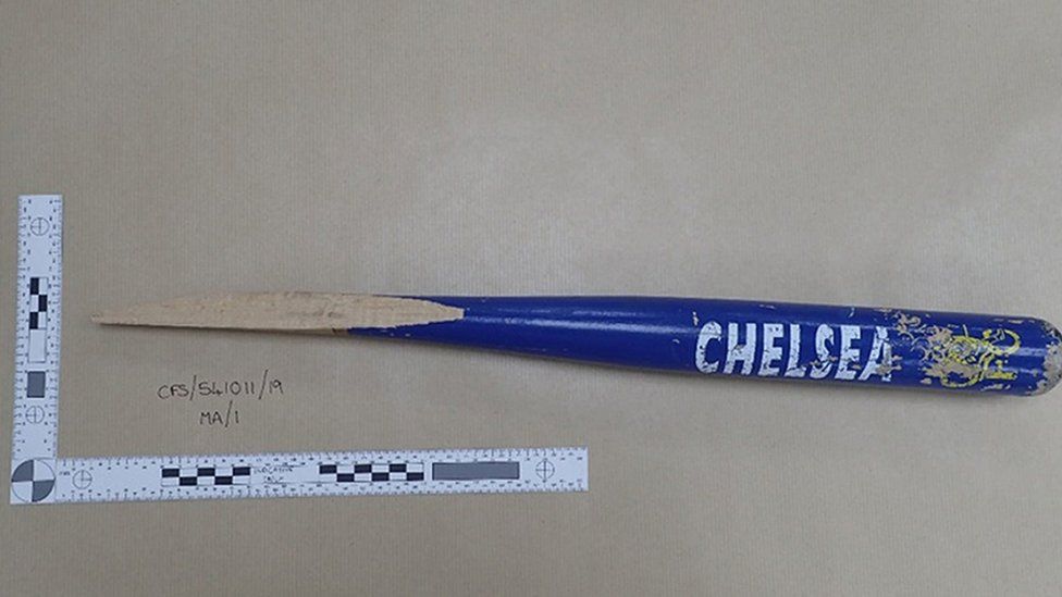 Police evidence photo of Chelsea-branded baseball bat