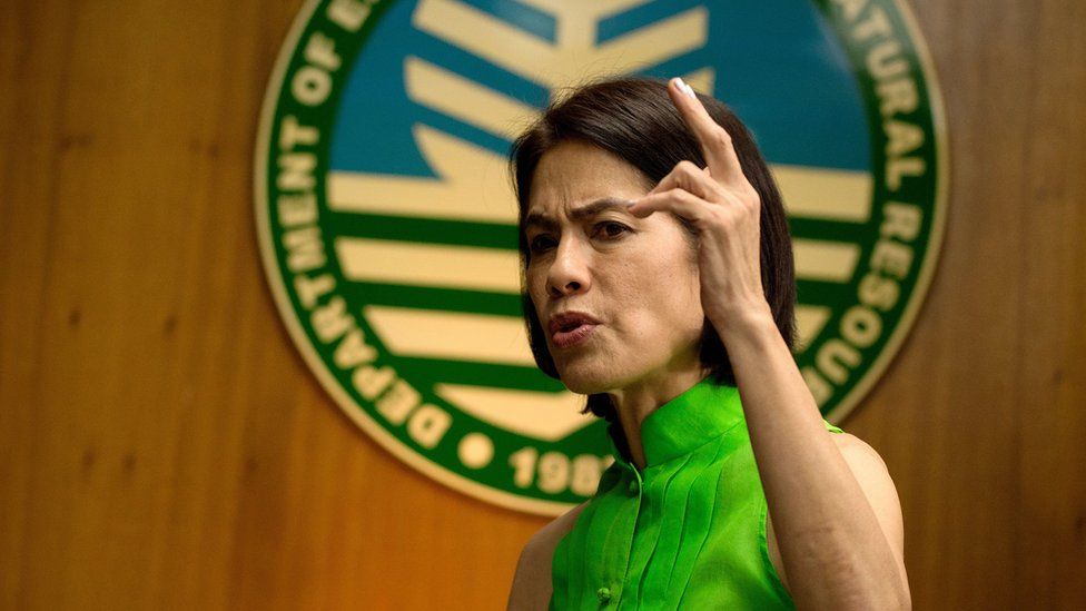 Gina Lopez gesturing during an interview in 2017