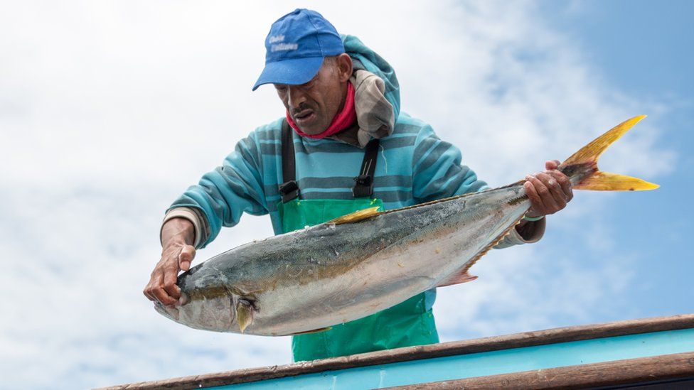 A South African fisherman holding up a fish