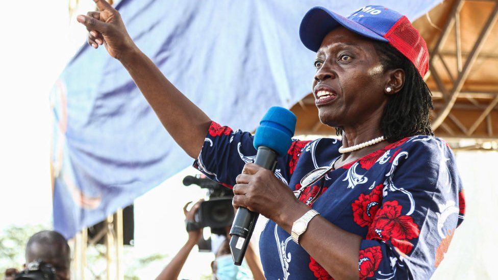 Martha Karua speaks to her supporters during the political rally of Azimio la Umoja held at Nakuru