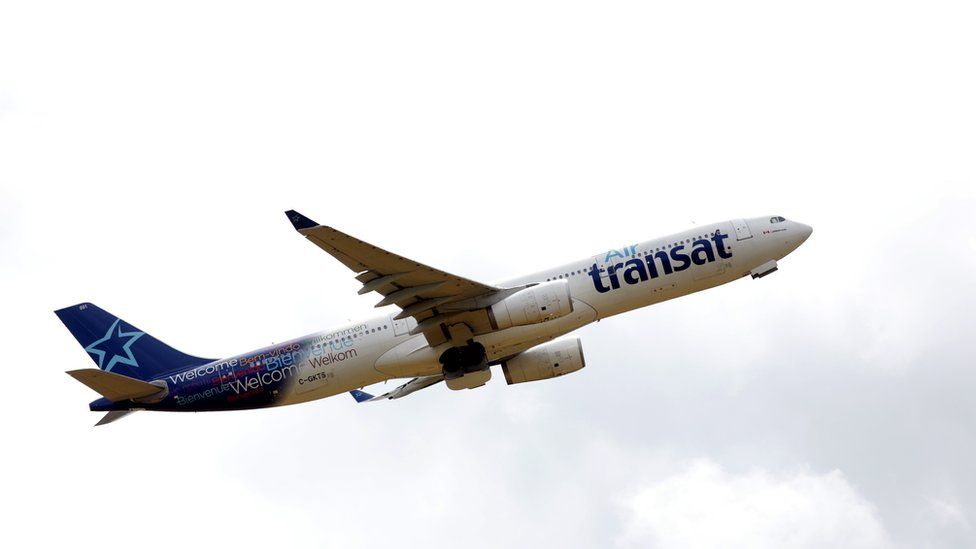 An Air Transat Airbus A330 takes off from Gatwick Airport in Crawley, West Sussex.