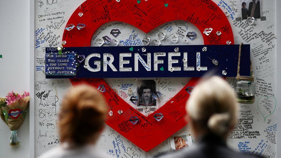 Tributes at the base of Grenfell tower
