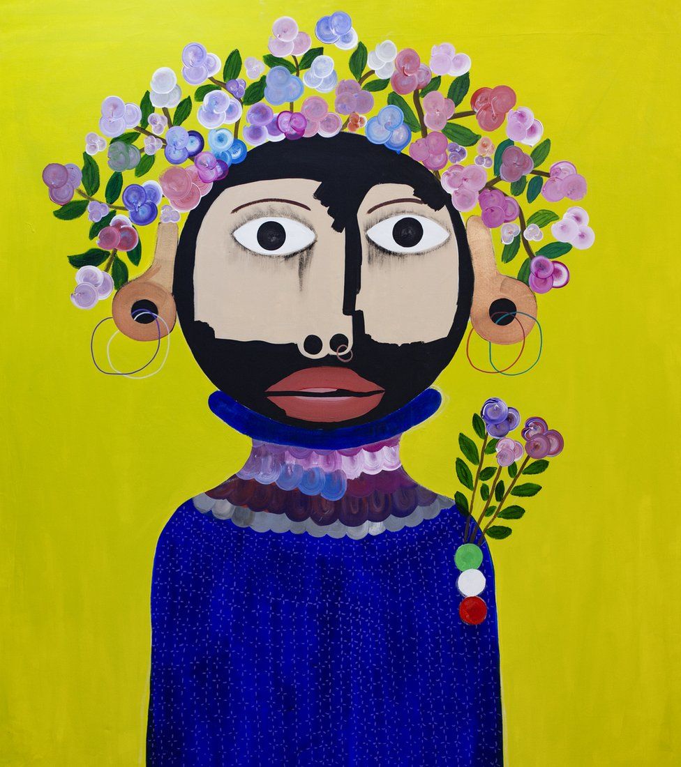 A painting of a figure with vitiligo-like pigmentation and a crown of flowers