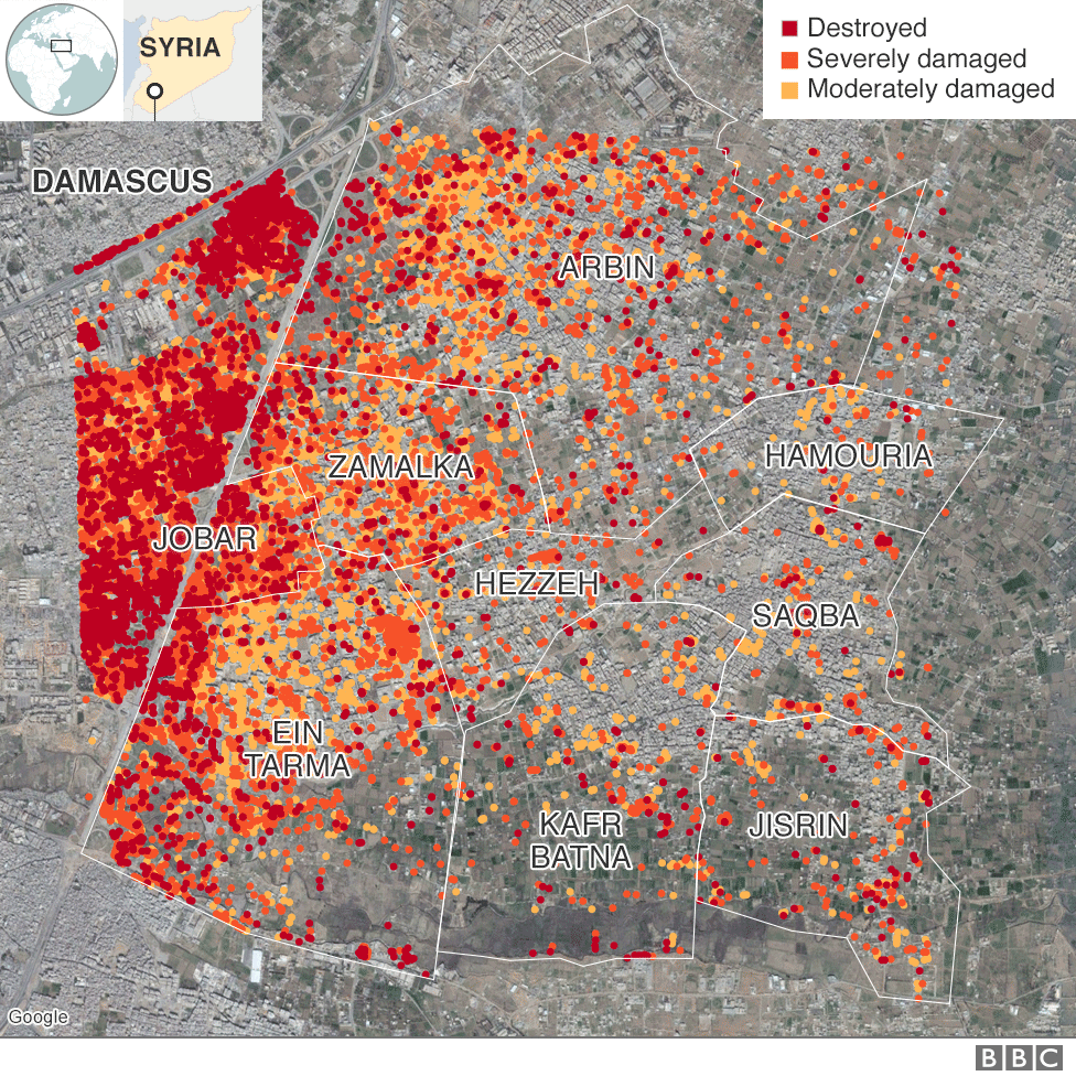 Map showing damage levels in Eastern Ghouta, Syria