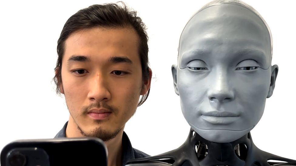 Blinking during a facial motion capture session with the Ameca robot