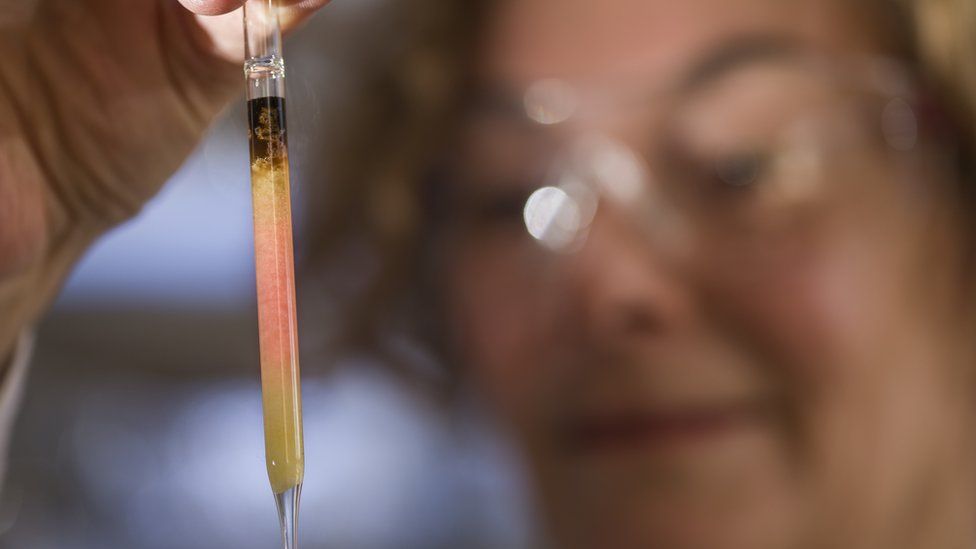 A scientist holds up a vial of the pigment