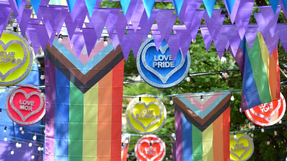 LGBT flags and other pride decorations over Canal Street in Manchester
