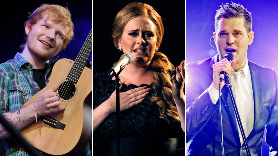 Left-right: Ed Sheeran, Adele and Michael Buble