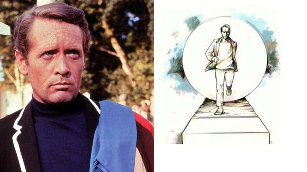 A drawing of the planned statue (right) shows Patrick McGoohan's character being chased by the show's Rover balloon