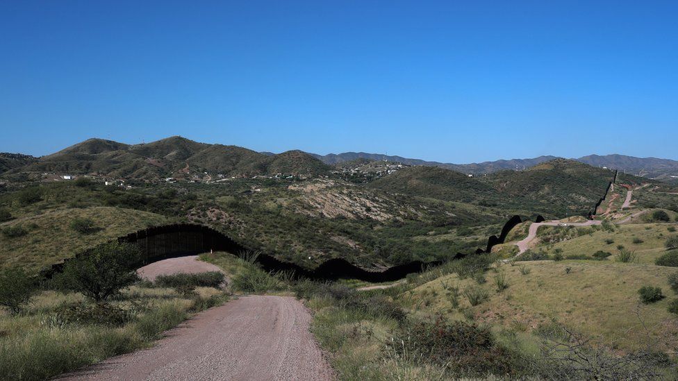 The US border wall with Mexico, seen from the United States in Nogales, Arizona.