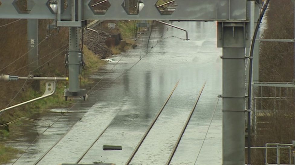 Flooded railway tracks in Chipping Sodbury