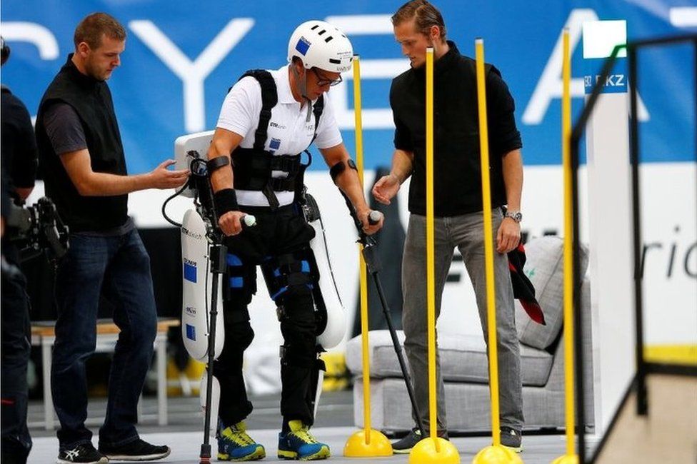 Philipp Wipfli competes during the powered exoskeleton race