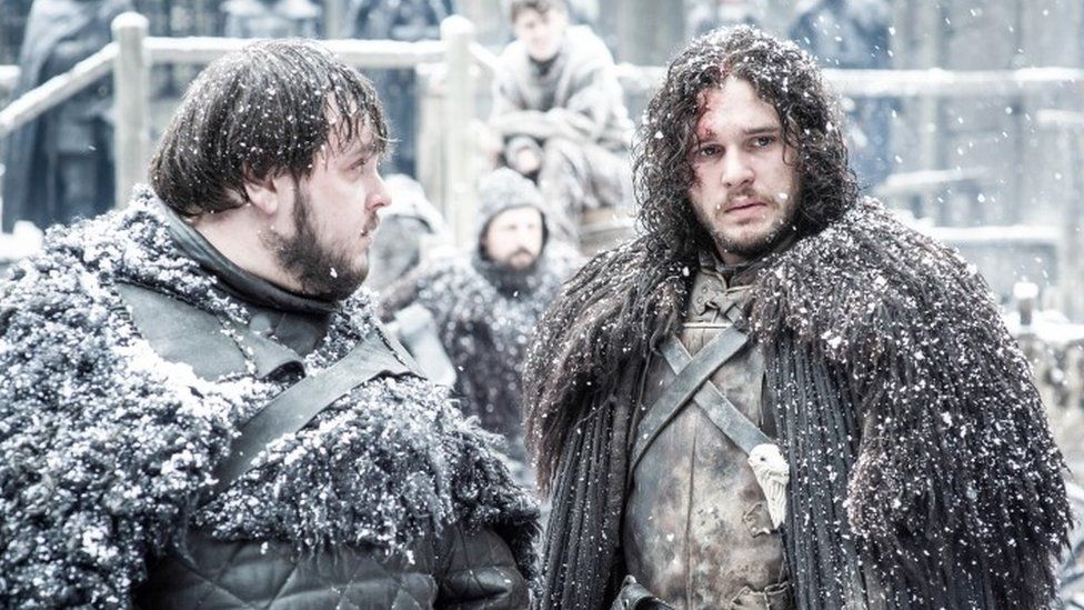 Kit Harington playing Jon Snow with John Bradley playing Samwell Tarly in Game of Thrones