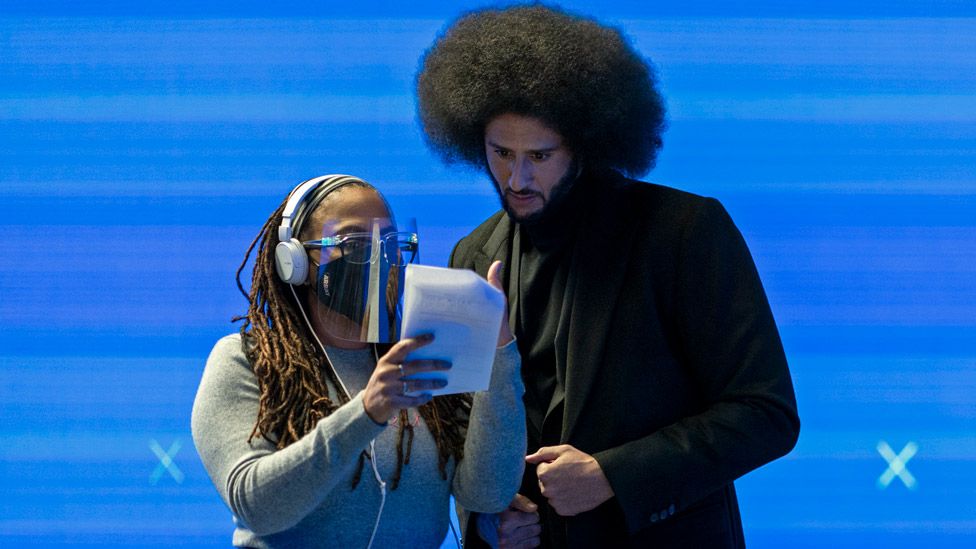 Ava DuVernay and Colin Kaepernick on the set of Colin in Black and White