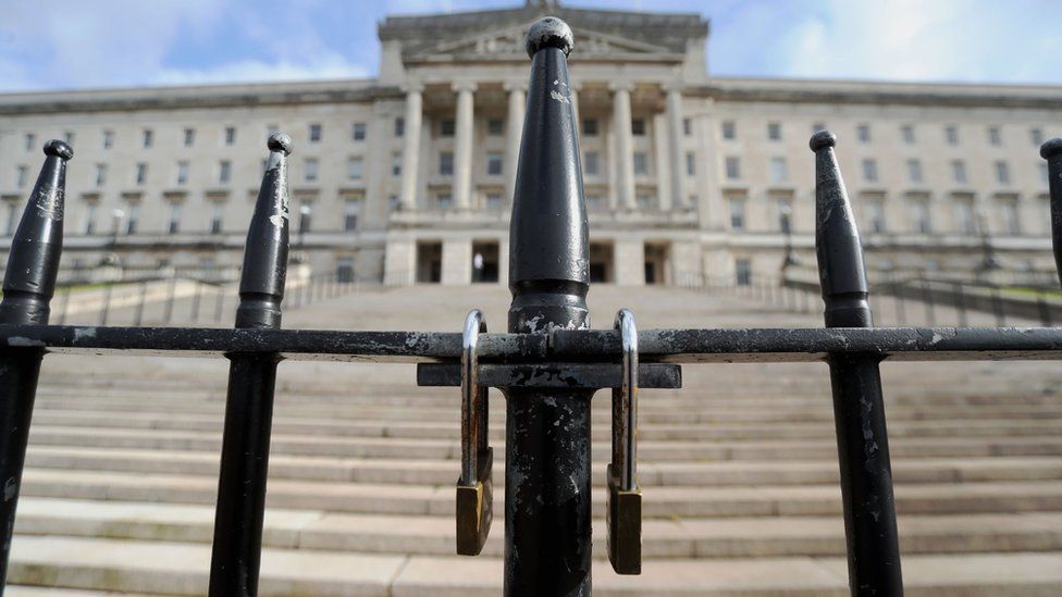 A general view of the locked gates at Stormont in Belfast