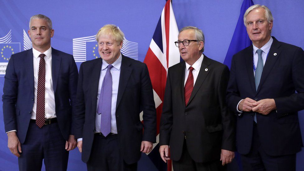 European Union chief Brexit negotiator Michel Barnier (R), President of the European Commission Jean-Claude Juncker (2-R), British Prime Minister Boris Johnson (2-L) and UK Brexit Secretary Stephen Barclay