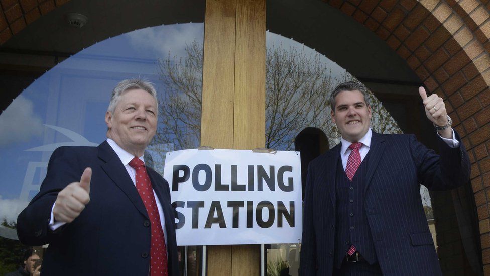 First Minister Peter Robinson with Gavin Robinson as the DUP campaigned to win back the East Belfast seat in the 2015 general election